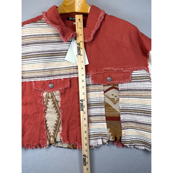 NWT Miss Me Brick‎ Red Patchwork Knit Sleeve Cropped Denim Shacket Womens Size M - Picture 8 of 14